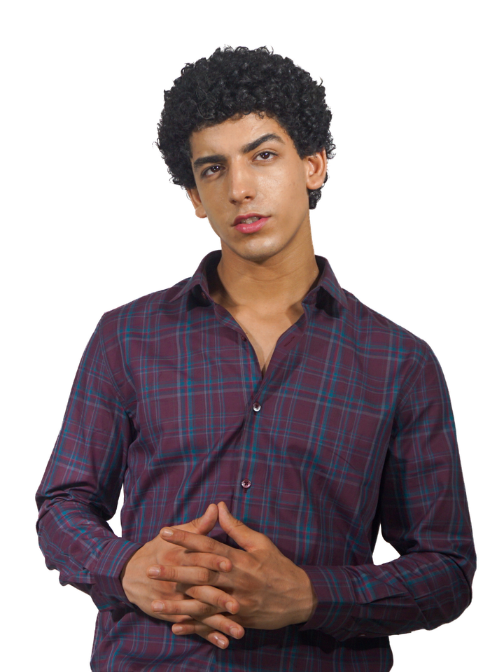 Maroon knitted checked shirt for men 