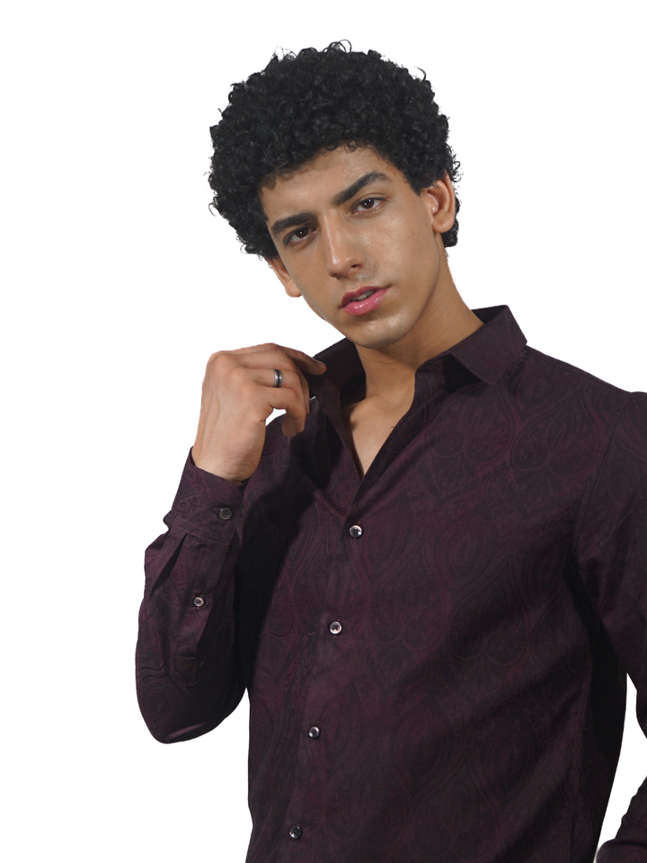 Giza Classic Marron Jacquard Long Sleeve Shirt for men