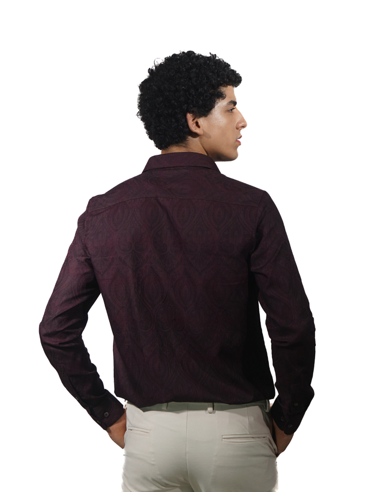 Giza Classic Marron Jacquard Long Sleeve Shirt for men