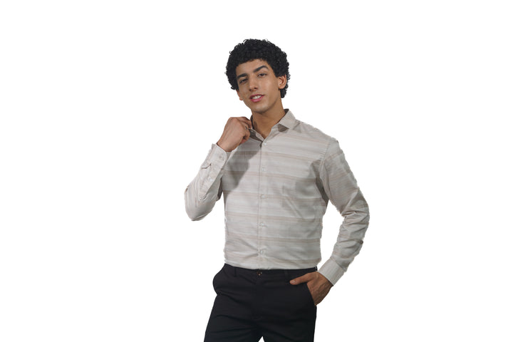 Giza Brown Engineered Stripe Long Sleeve Shirt for Men