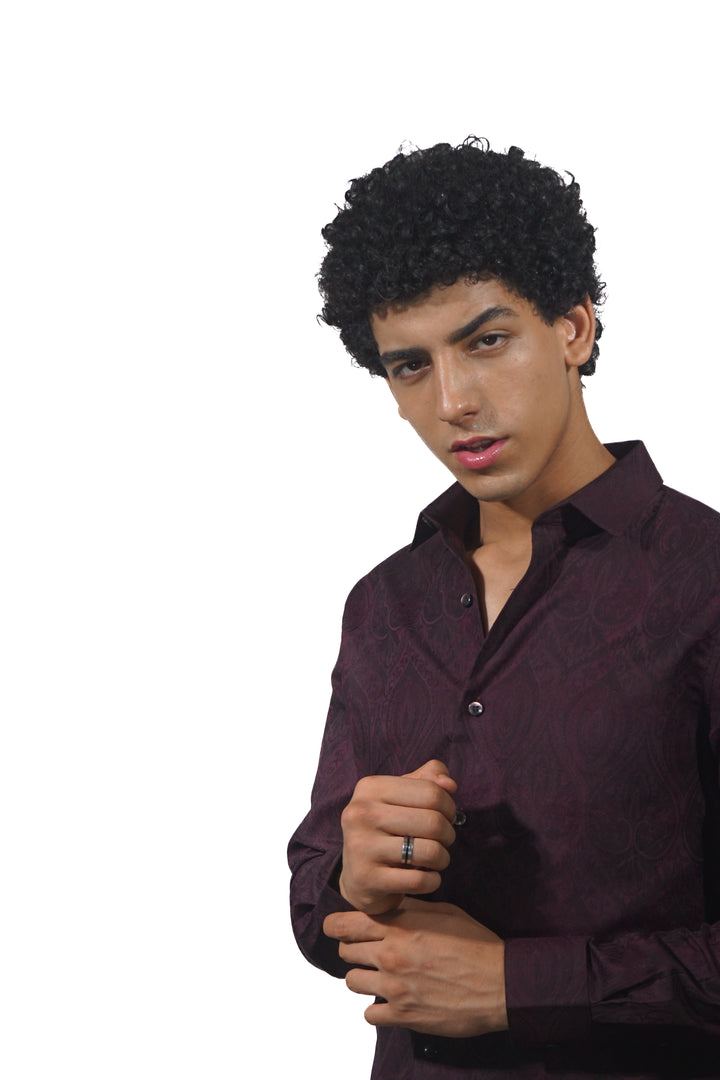 Giza Classic Marron Jacquard Long Sleeve Shirt for men