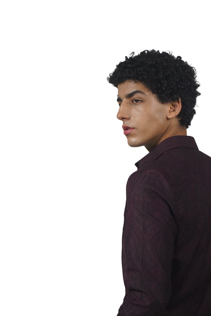 Giza Classic Marron Jacquard Long Sleeve Shirt for men