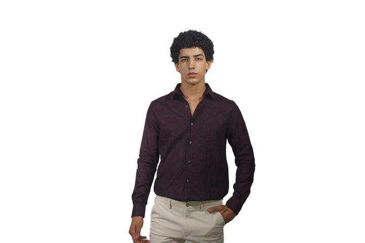 Giza Classic Marron Jacquard Long Sleeve Shirt for men