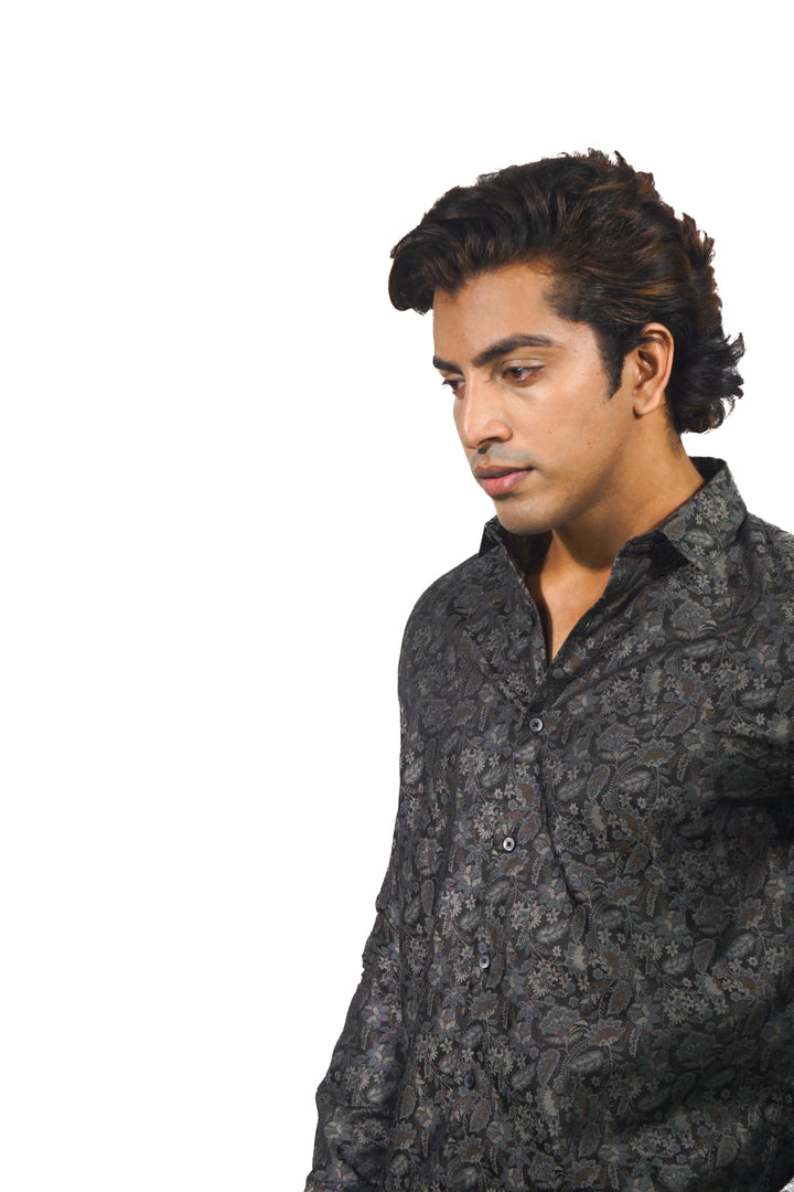 Men's brown jacquard long sleeve shirt