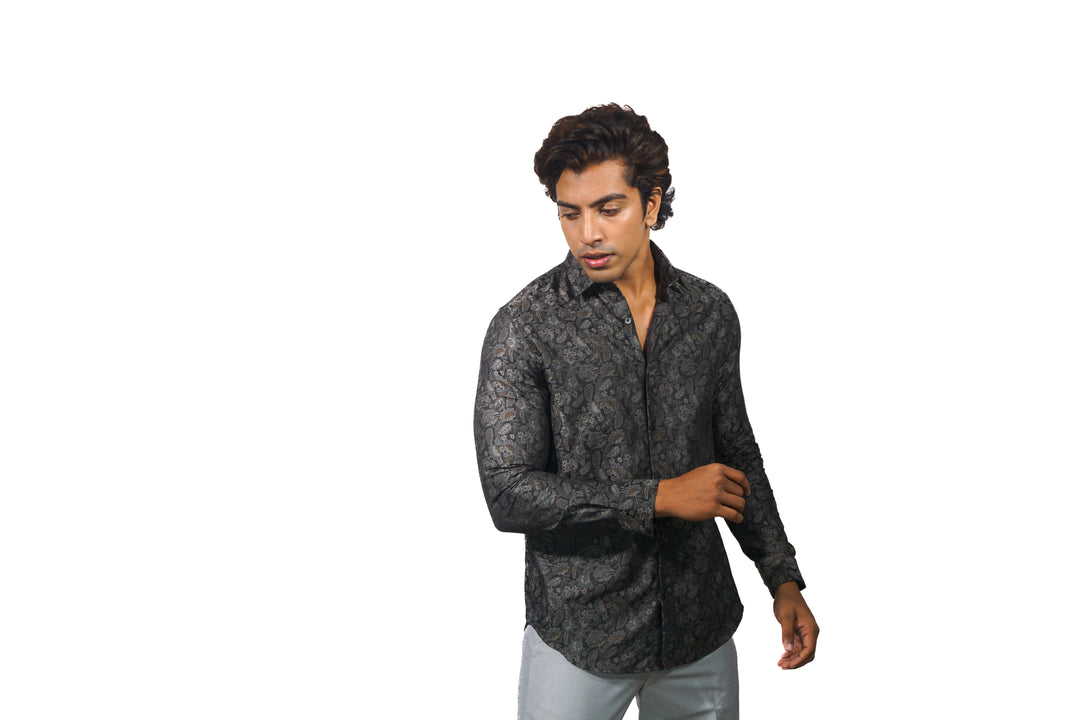Men's brown jacquard long sleeve shirt