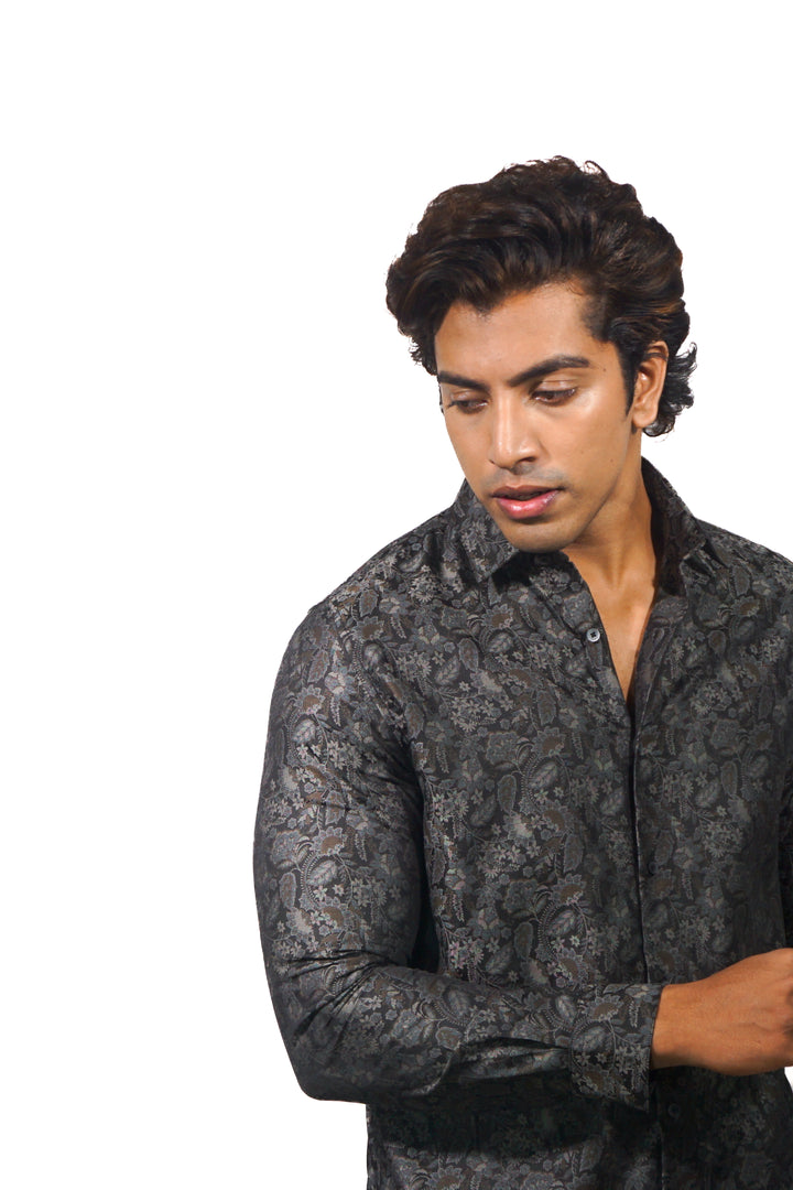 Men's brown jacquard long sleeve shirt
