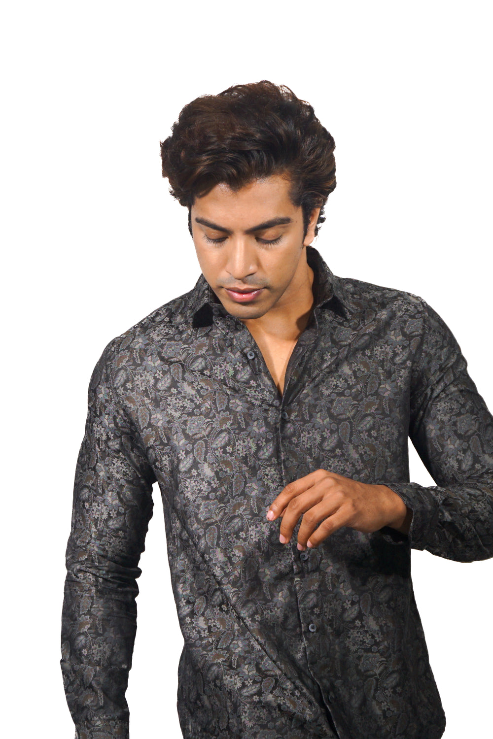 Men's brown jacquard long sleeve shirt