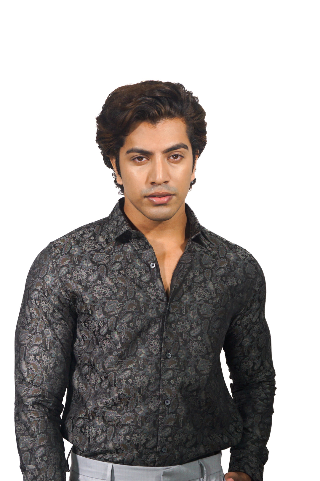 Men's brown jacquard long sleeve shirt
