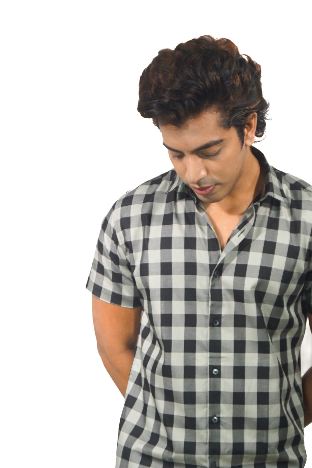 grey black checked shirt men