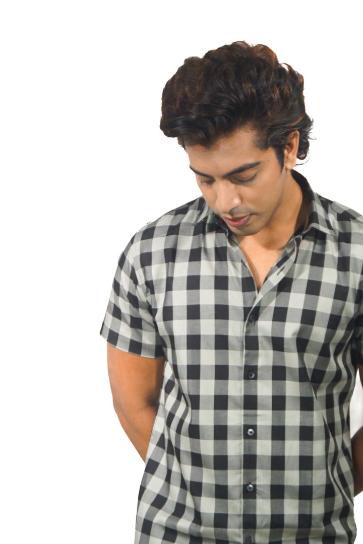 grey black checked shirt men