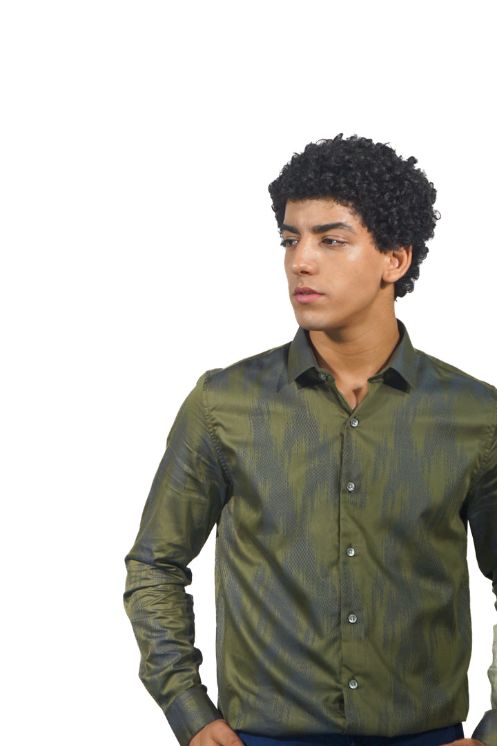 Green Jacquard Long Sleeve Shirt for men