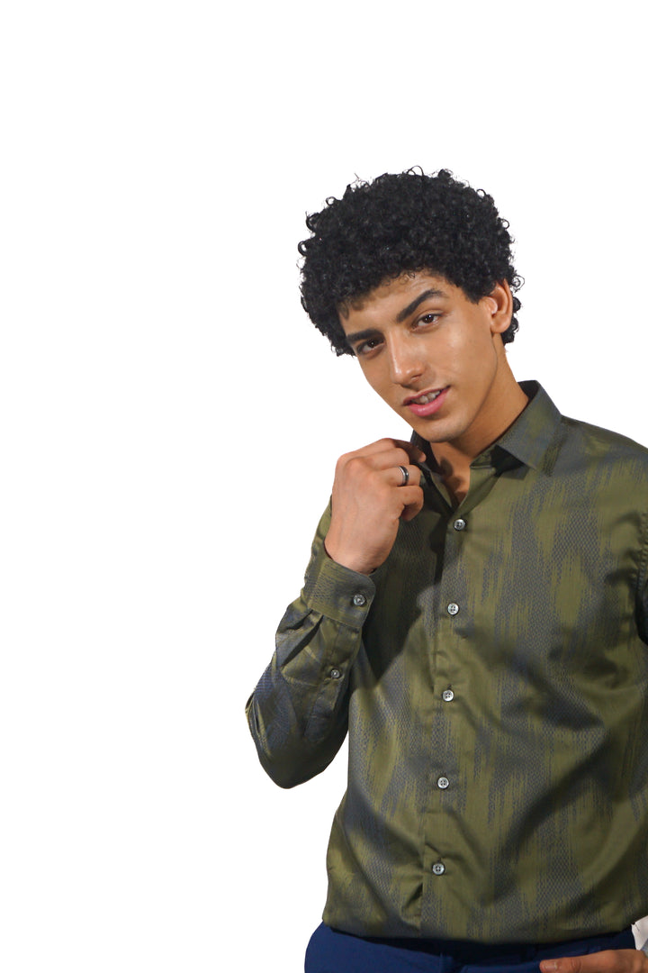 Green Jacquard Long Sleeve Shirt for men