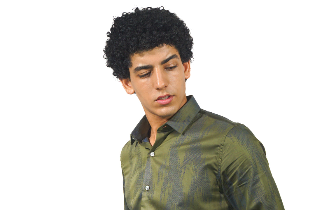 Green Jacquard Long Sleeve Shirt for men