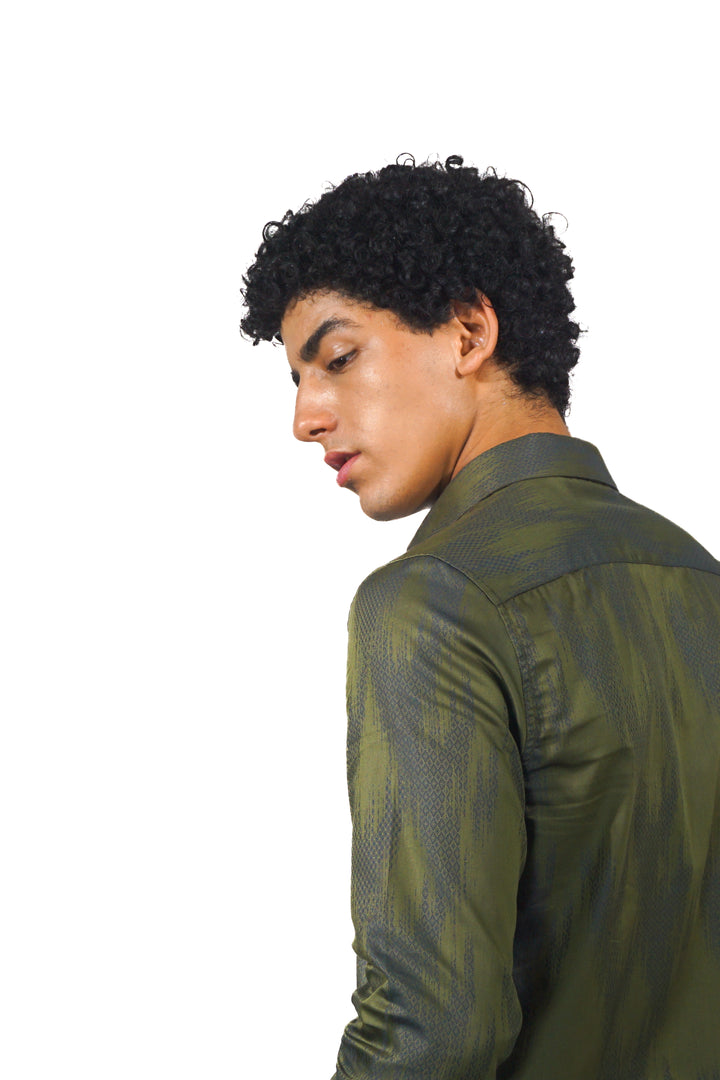Green Jacquard Long Sleeve Shirt for men
