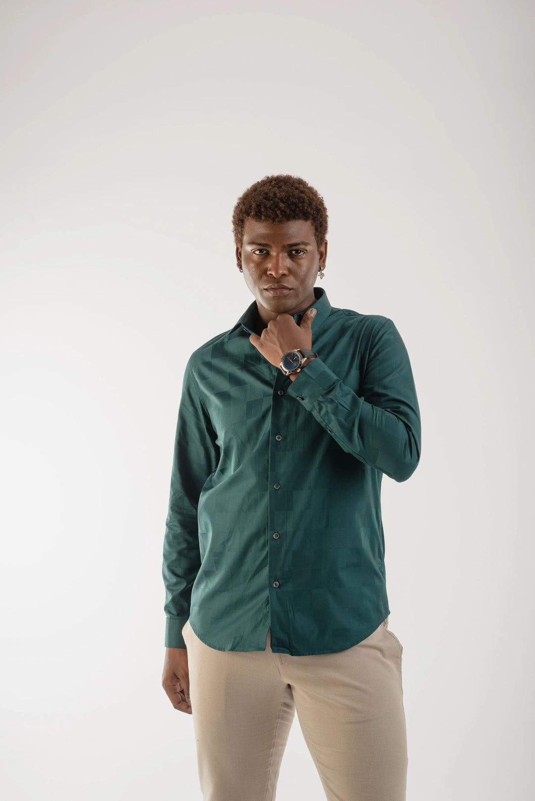 Giza Cotton Teal Textured Long Sleeve Shirt for Men