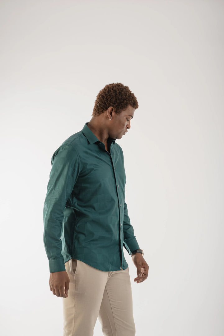 Giza Cotton Teal Textured Long Sleeve Shirt for Men