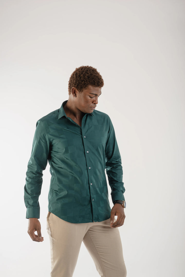 Giza Cotton Teal Textured Long Sleeve Shirt for Men