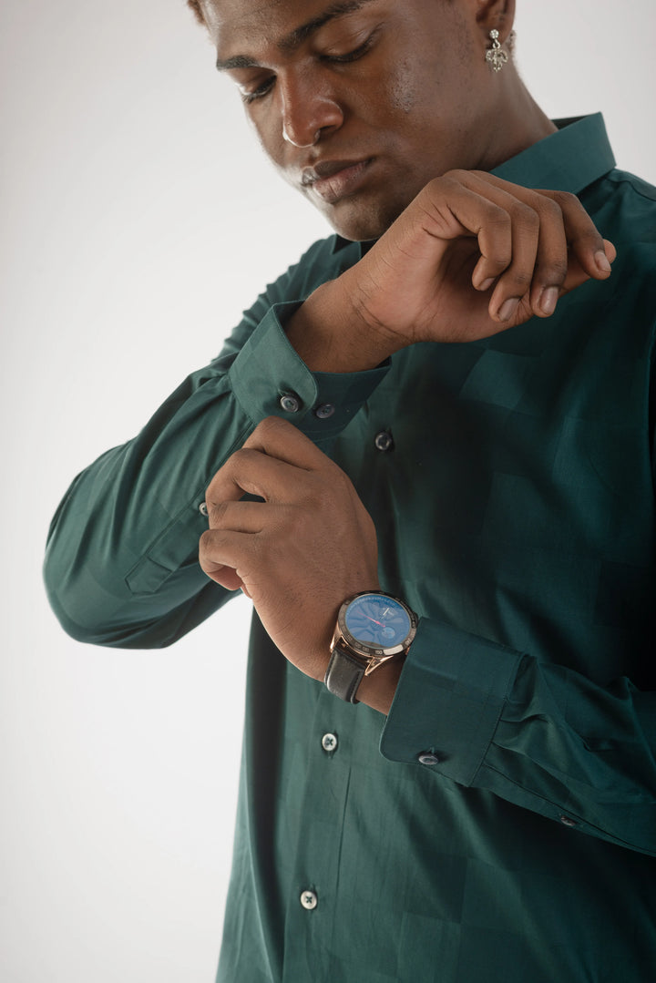 Giza Cotton Teal Textured Long Sleeve Shirt for Men