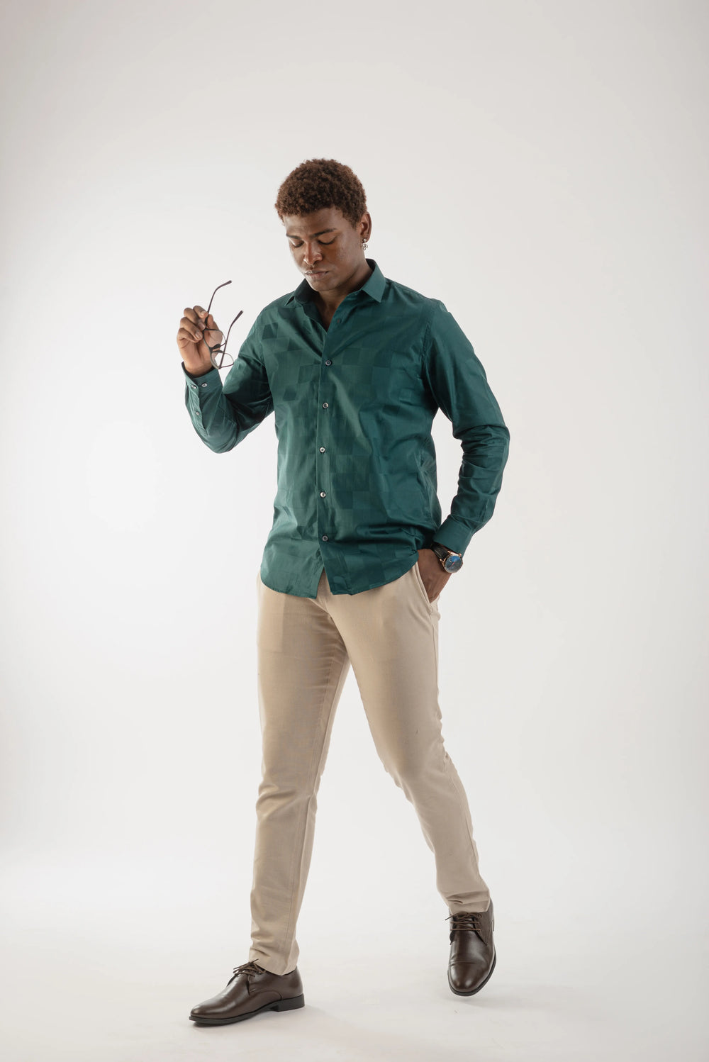 Giza Cotton Teal Textured Long Sleeve Shirt for Men