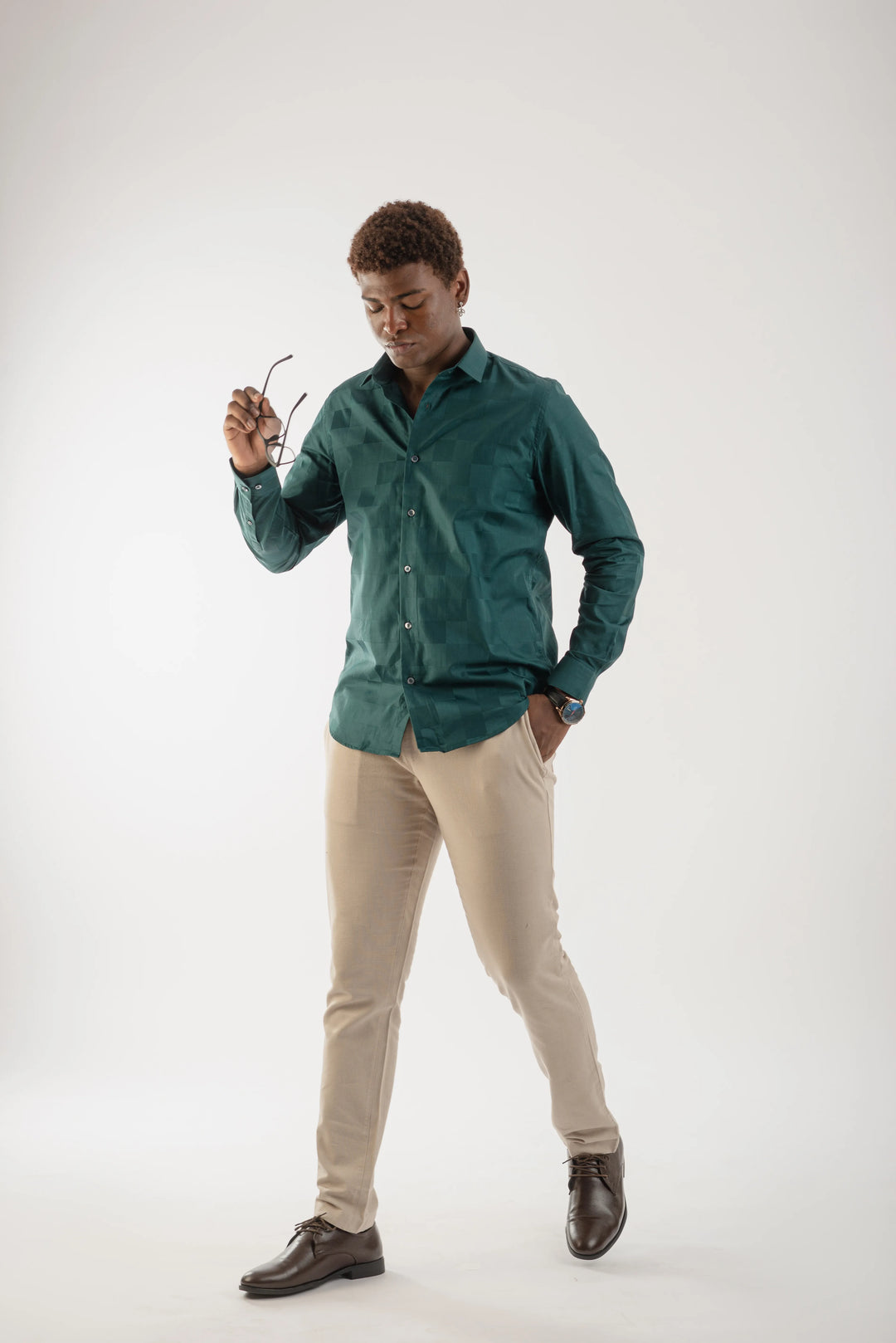 Giza Cotton Teal Textured Long Sleeve Shirt for Men