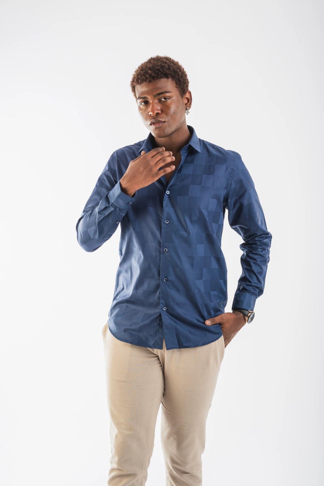  Giza Cotton Navy Textured Long Sleeve Shirt for Men