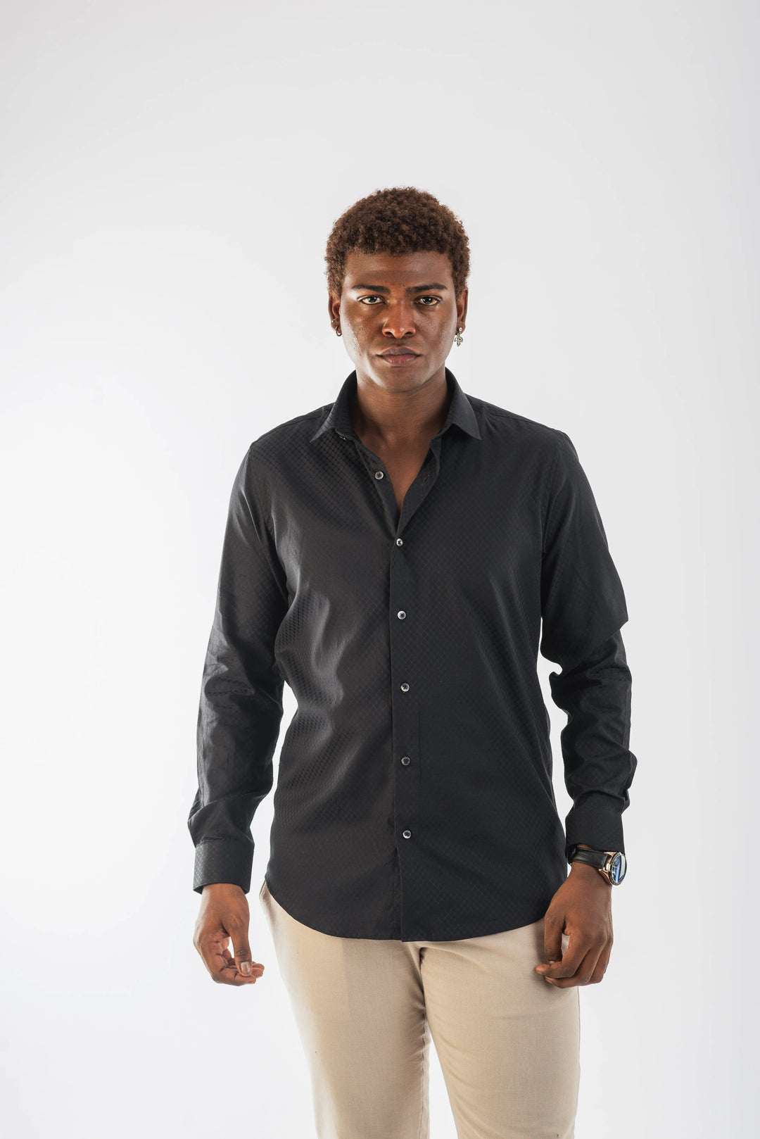 Giza Solid Black Self Jacquard Long Sleeve Shirt for Men