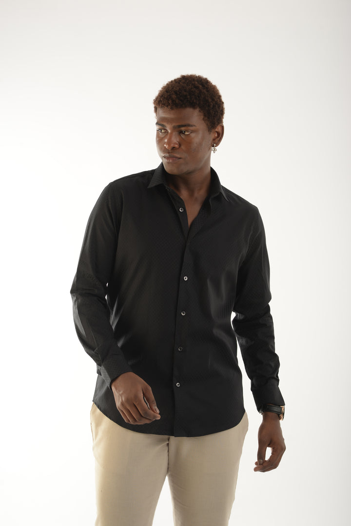 Giza Solid Black Self Jacquard Long Sleeve Shirt for Men