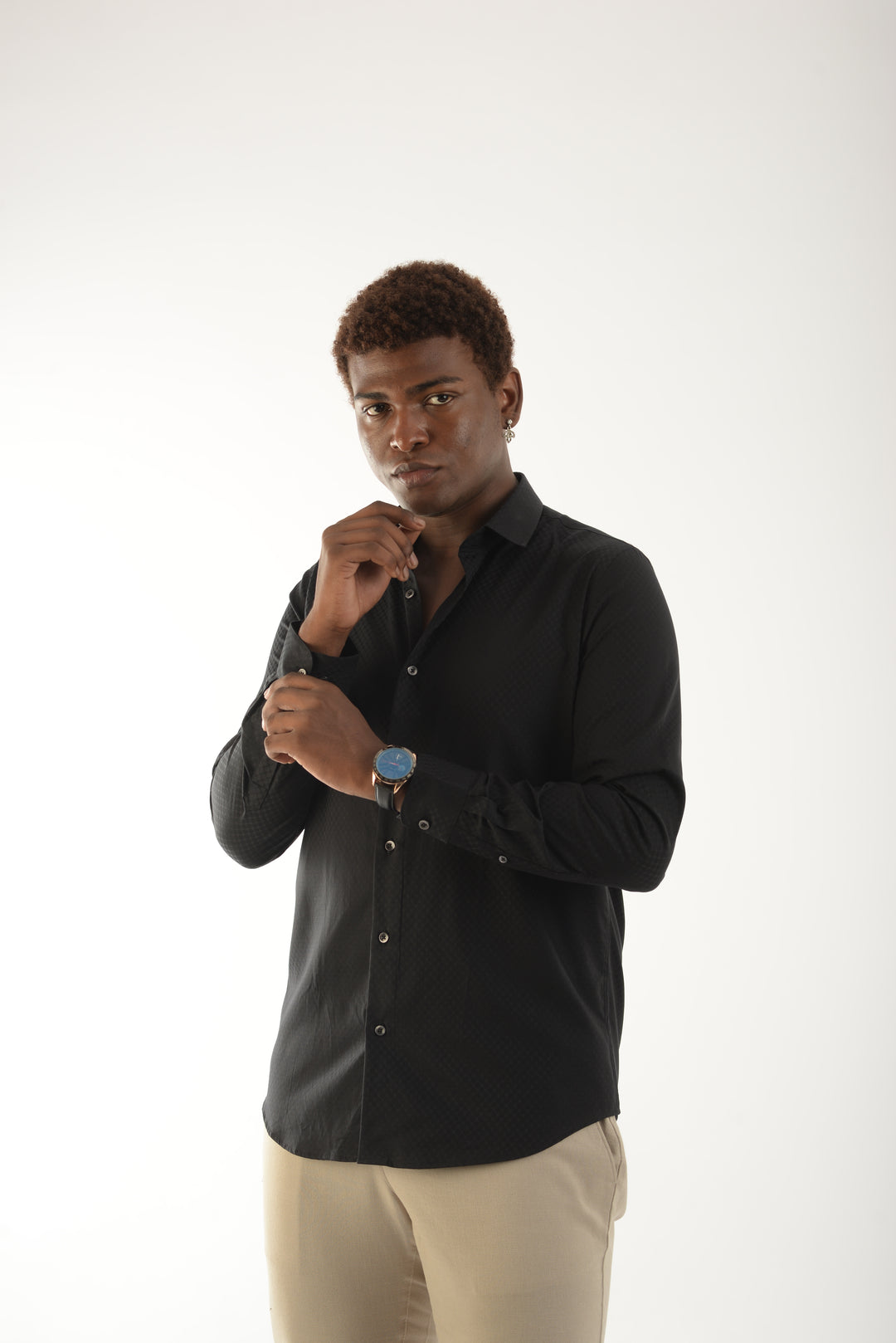 Giza Solid Black Self Jacquard Long Sleeve Shirt for Men