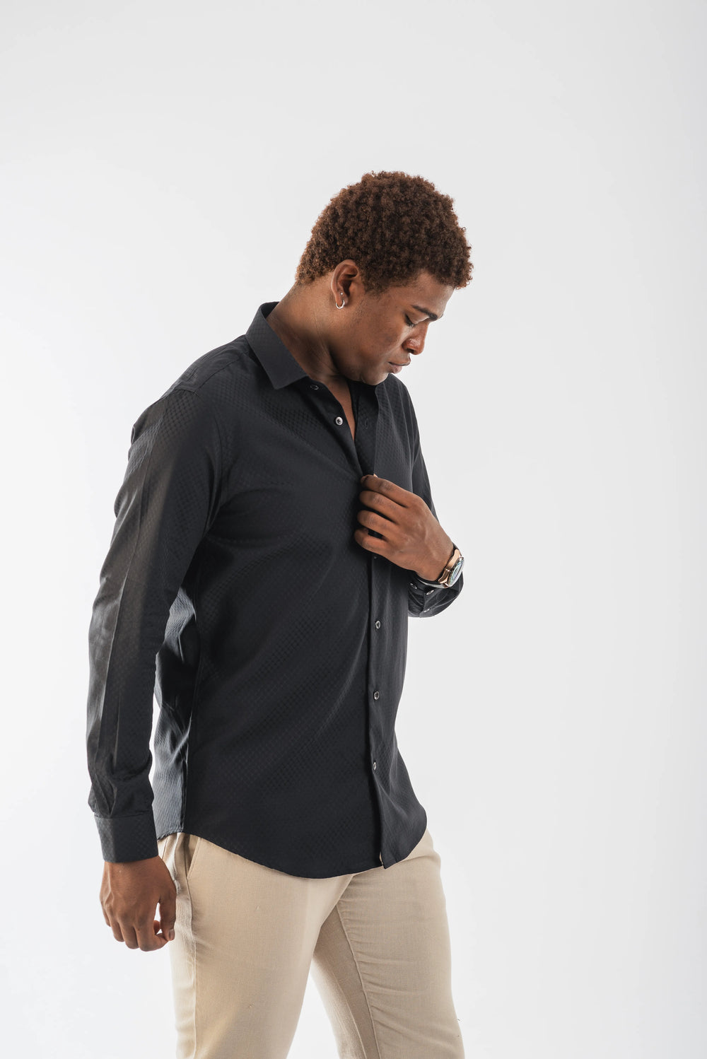 Giza Solid Black Self Jacquard Long Sleeve Shirt for Men
