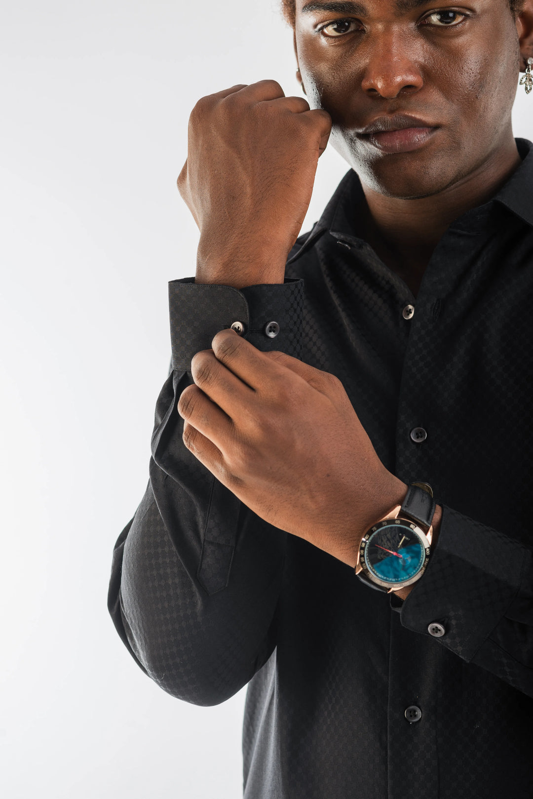 Giza Solid Black Self Jacquard Long Sleeve Shirt for Men