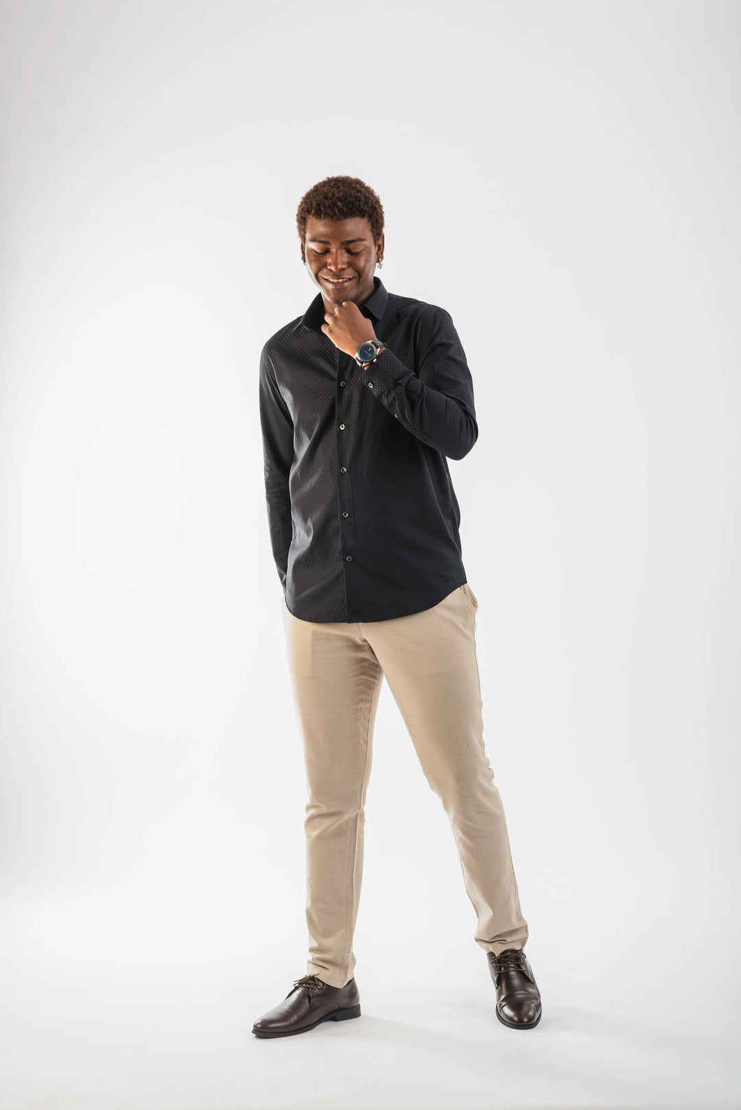 Giza Solid Black Self Jacquard Long Sleeve Shirt for Men