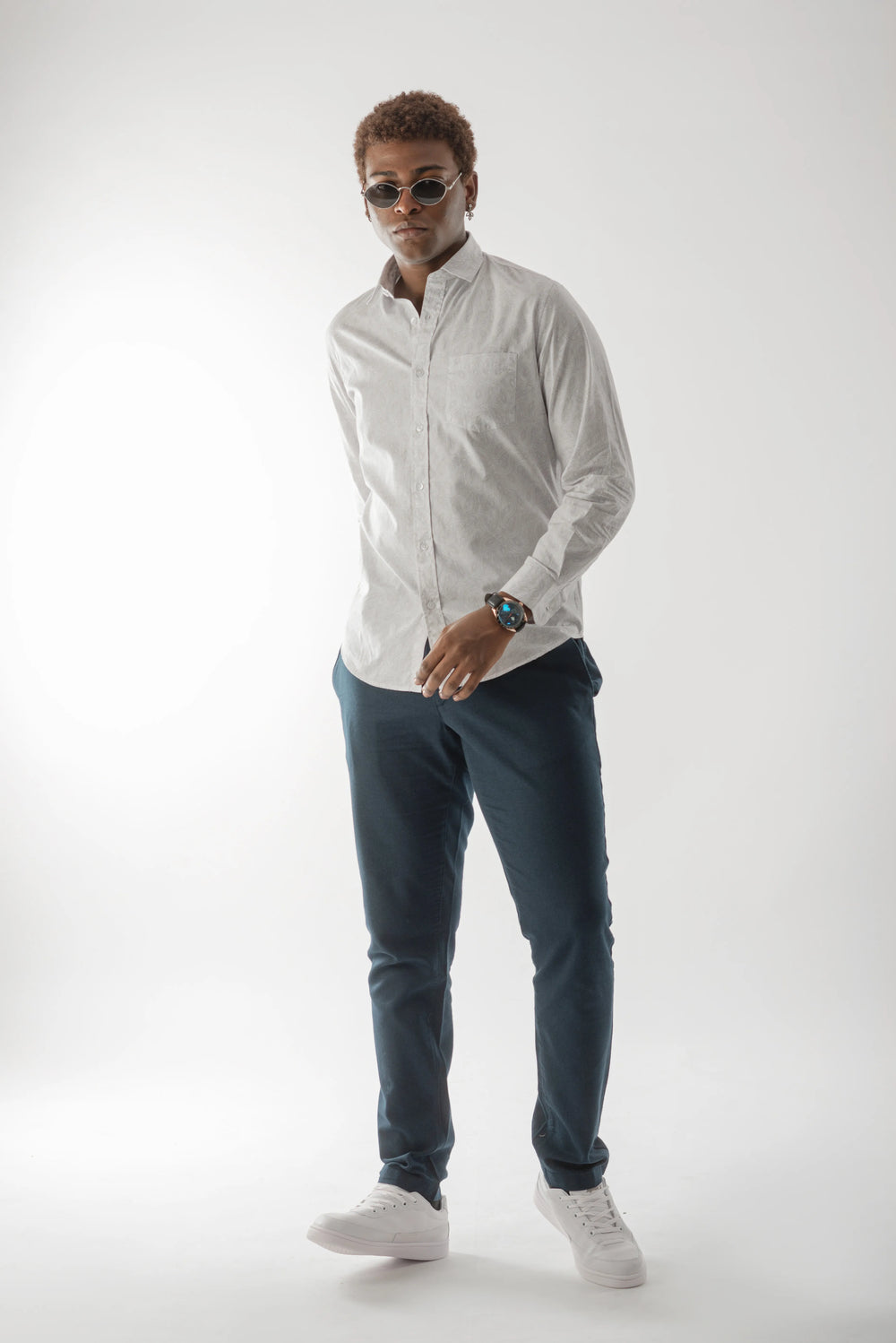 Giza Cotton Grey Leaf Textured Long Sleeve Shirts for Mens