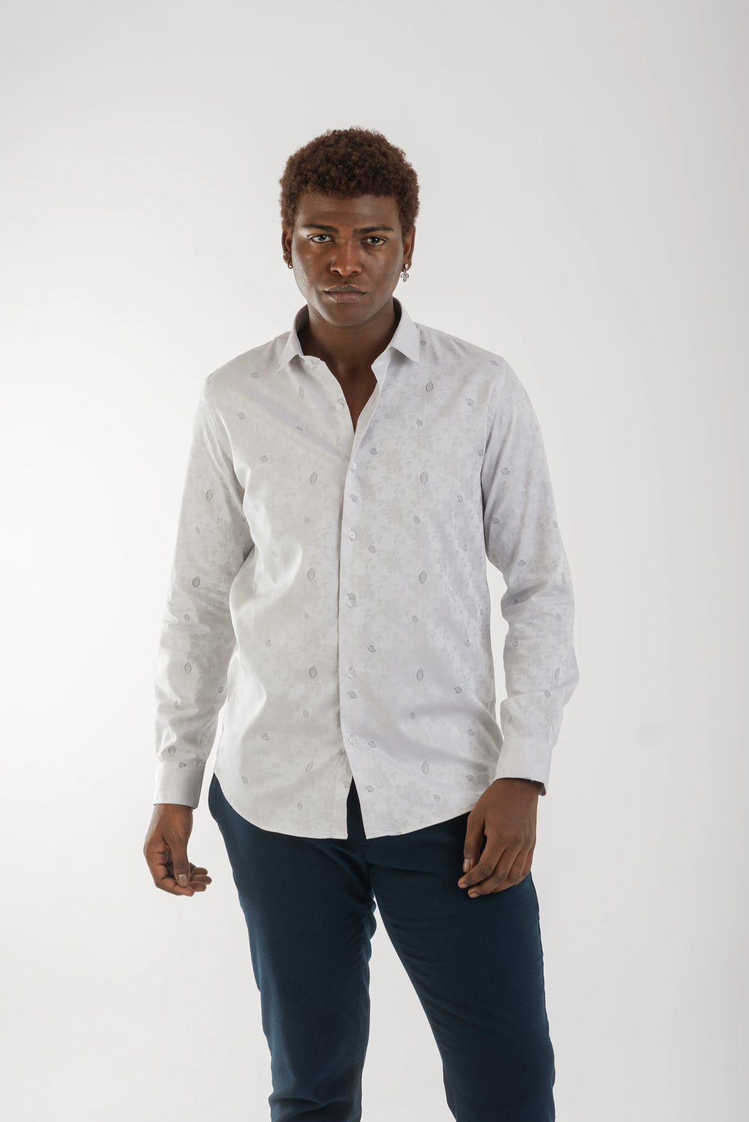 Giza Cotton Grey Leaf Textured Long Sleeve Shirts for Mens