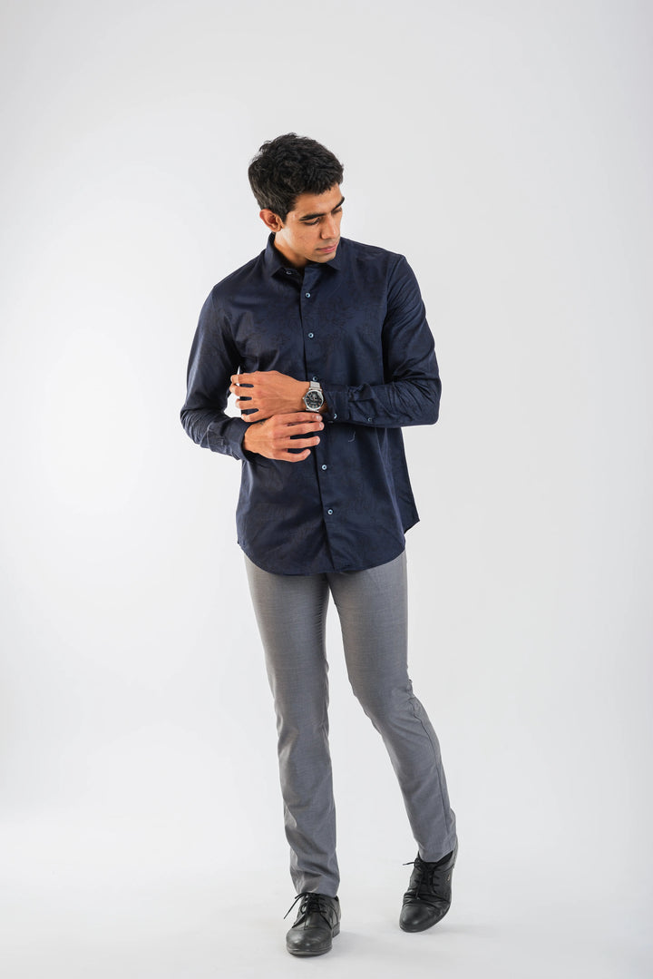Cotton Navy Floral Textured Long Sleeve Shirt for Men