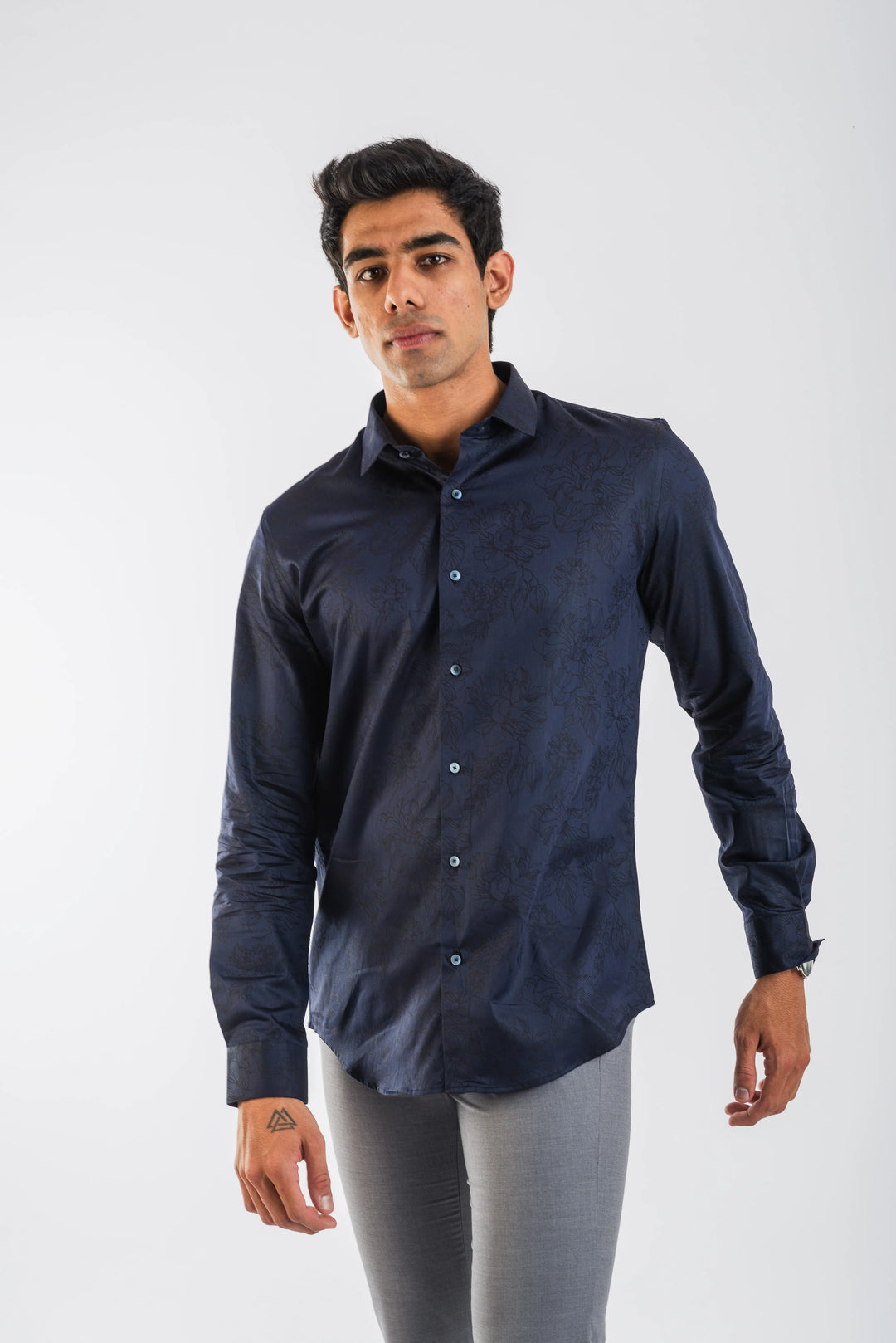 Cotton Navy Floral Textured Long Sleeve Shirt for Men