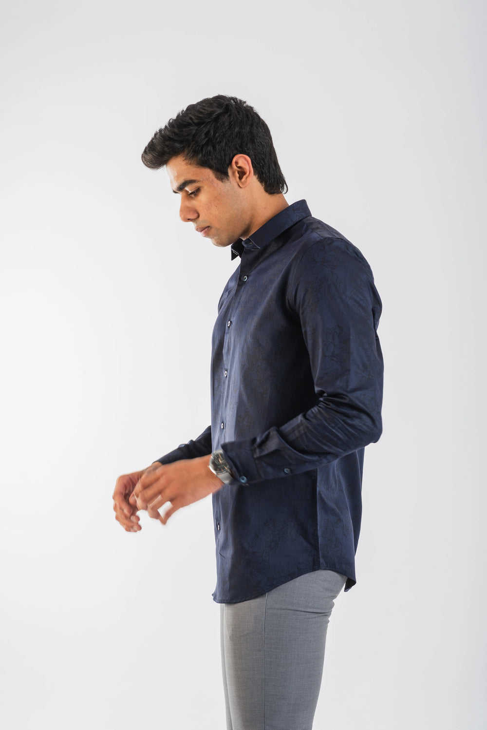 Cotton Navy Floral Textured Long Sleeve Shirt for Men