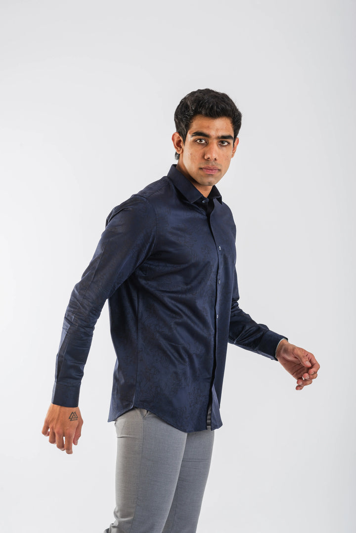 Cotton Navy Floral Textured Long Sleeve Shirt for Men