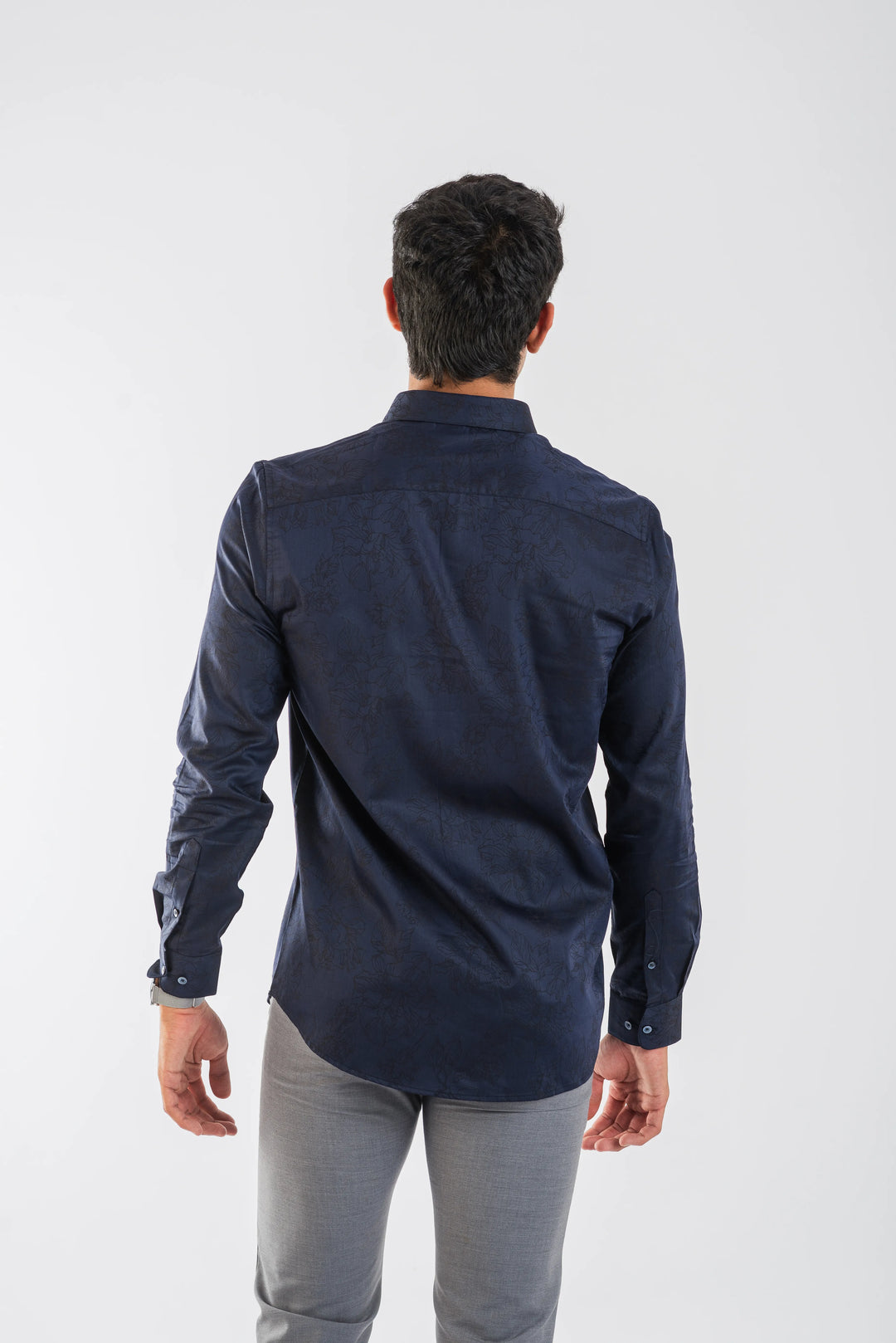 Cotton Navy Floral Textured Long Sleeve Shirt for Men