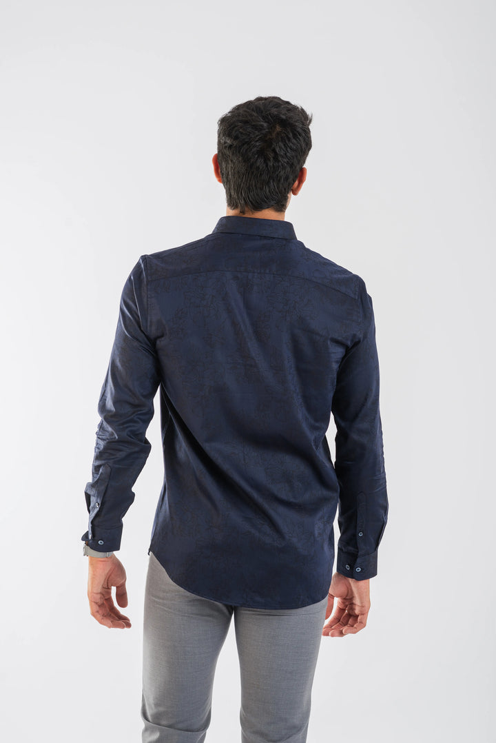 Cotton Navy Floral Textured Long Sleeve Shirt for Men