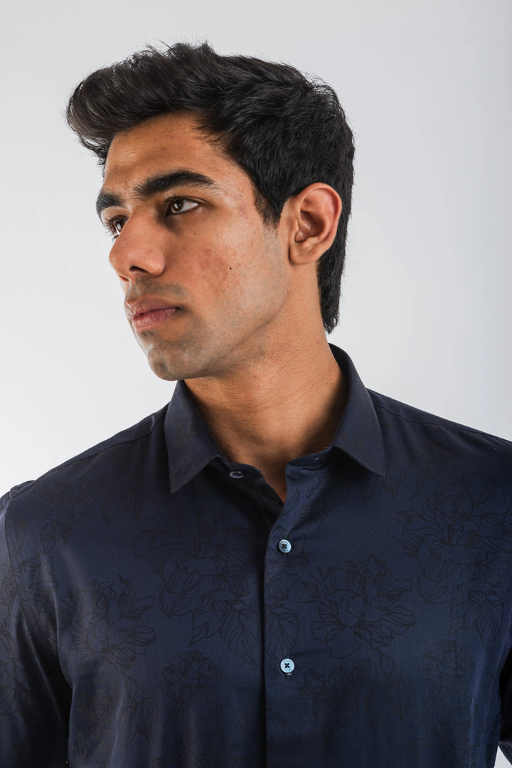 Cotton Navy Floral Textured Long Sleeve Shirt for Men