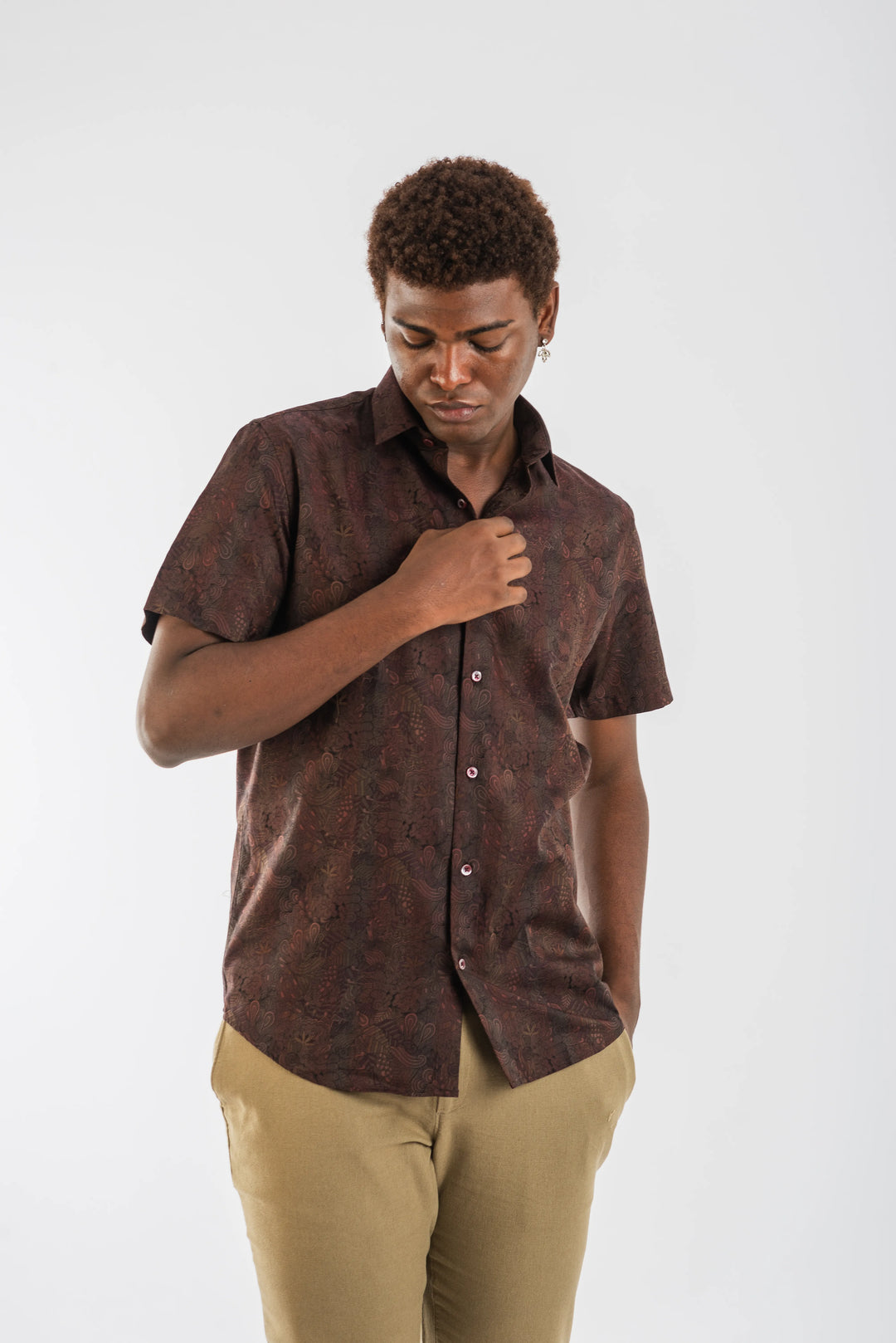 Cotton Brown Classic Textured Short Sleeve Shirt for Men