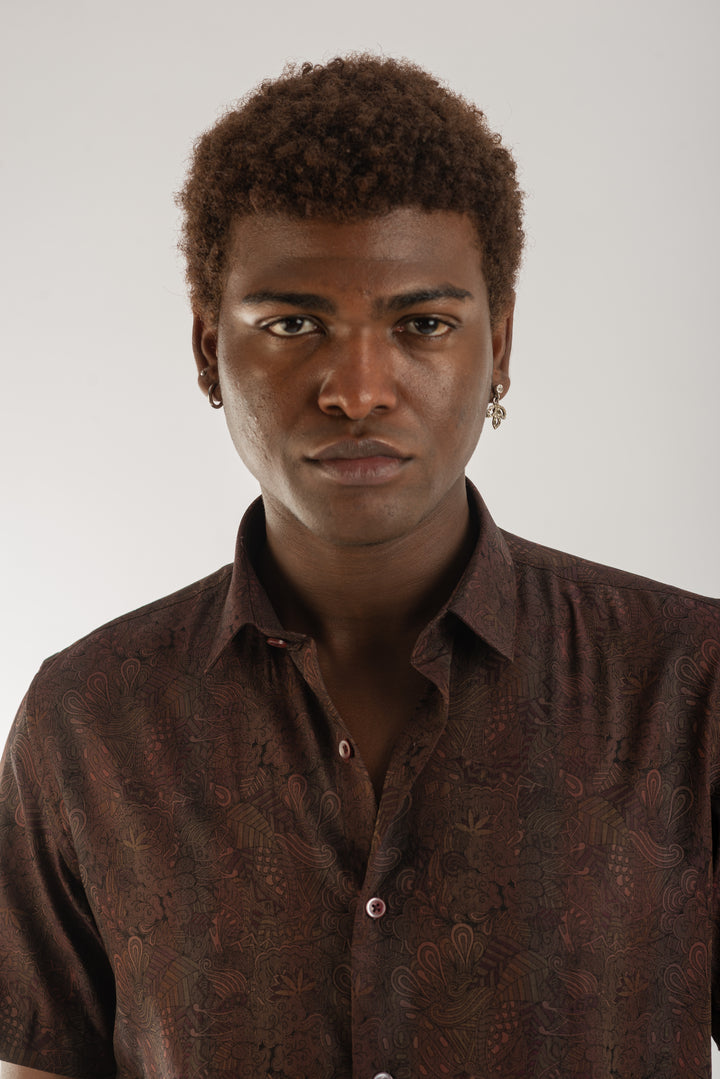Cotton Brown Classic Textured Short Sleeve Shirt for Men