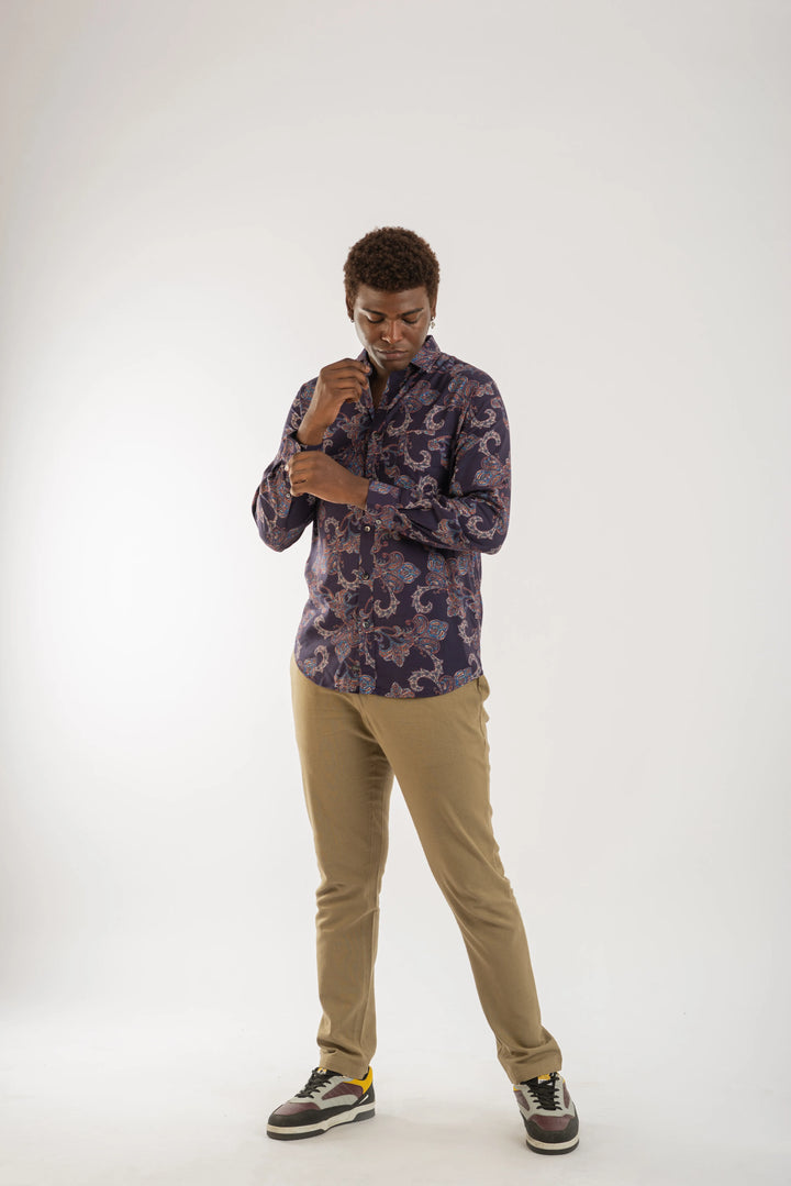 Navy Classic Printed Long Sleeve Shirt for Men