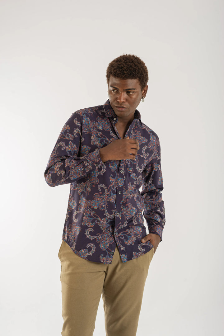 Navy Classic Printed Long Sleeve Shirt for Men