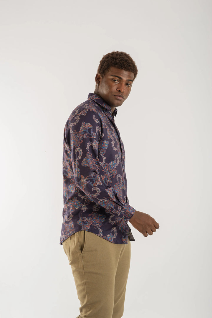Navy Classic Printed Long Sleeve Shirt for Men
