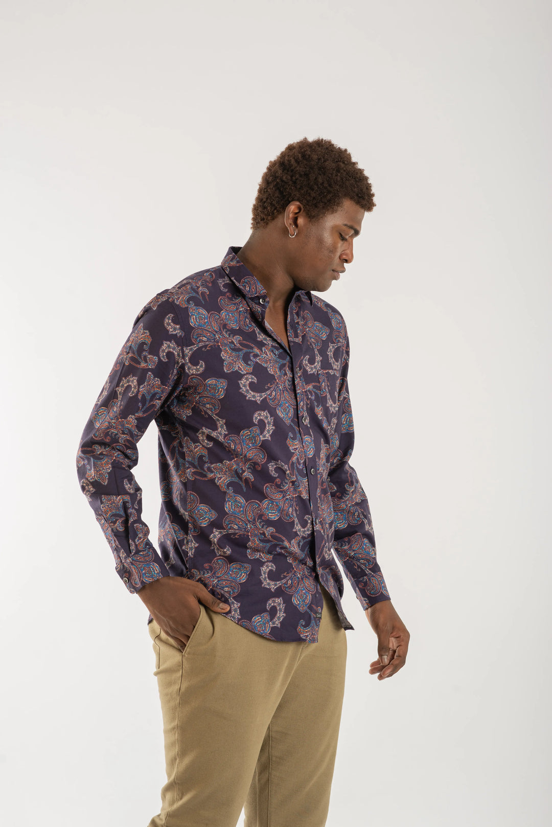 Navy Classic Printed Long Sleeve Shirt for Men