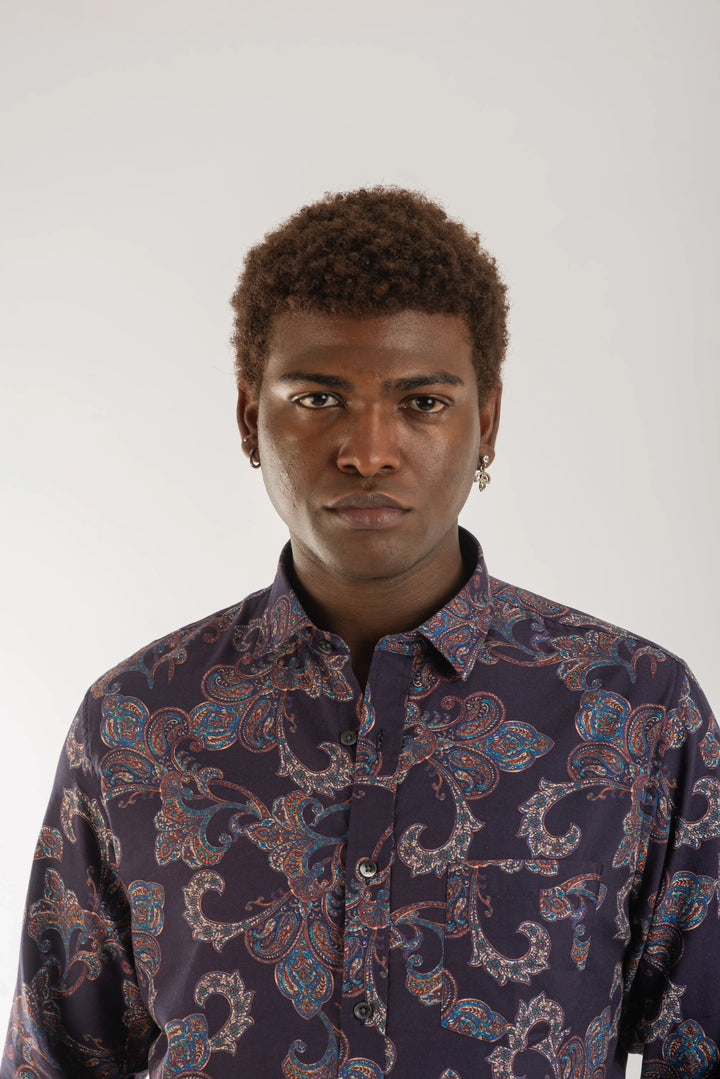 Navy Classic Printed Long Sleeve Shirt for Men