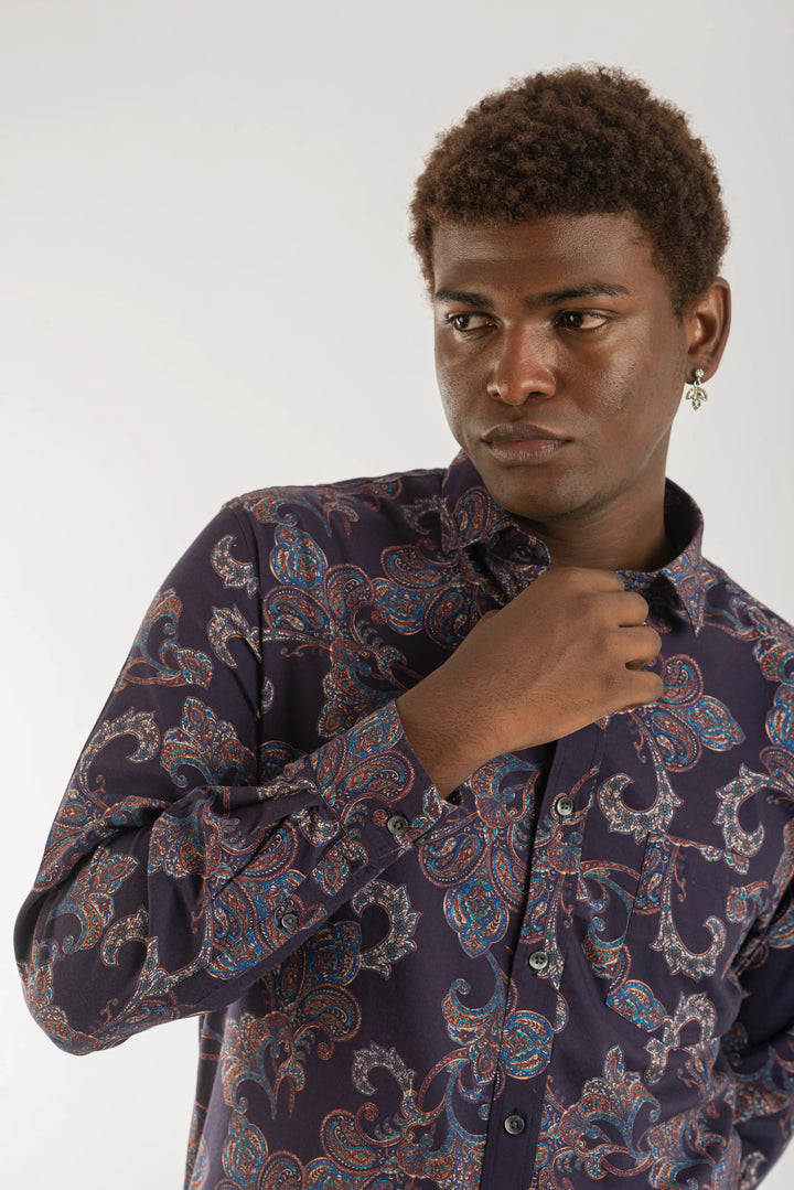 Navy Classic Printed Long Sleeve Shirt for Men