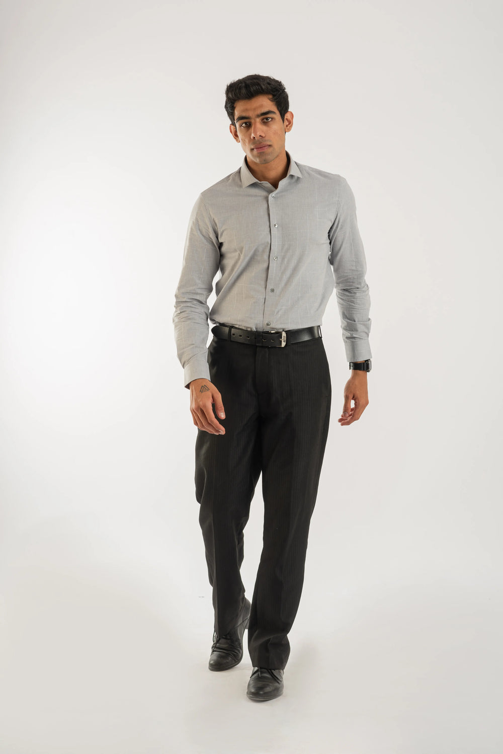 Giza Cotton Silver Grey Textured Plaid Long Sleeve Shirt for Men