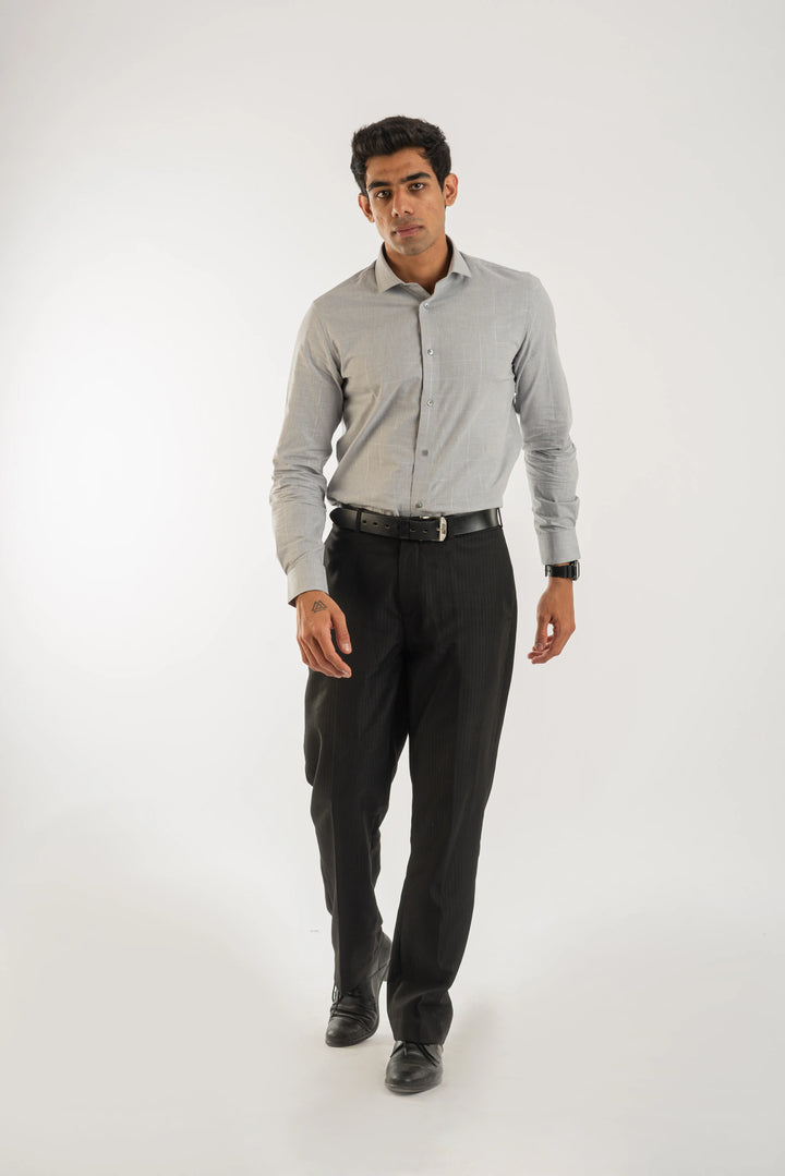 Giza Cotton Silver Grey Textured Plaid Long Sleeve Shirt for Men